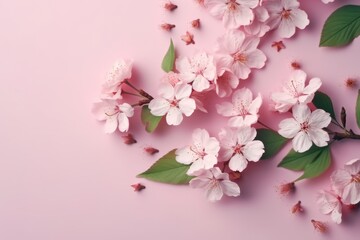 Beautiful cherry blossom on pink background. Top view. Copy space.