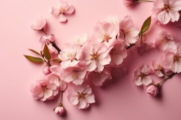 Beautiful blossoming sakura branches on color background, top view