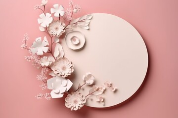 Blank round frame with beautiful flowers on pink background.
