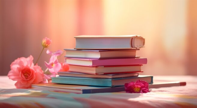 Books and flowers on a table