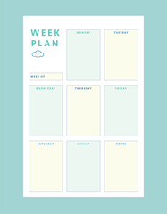 (Cloud) Weekly Planner template. Minimalist planner template set. Vector illustration.	 