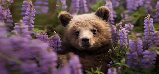 Obraz premium Bear's Lavender Haven: Adorable Bear Cub Discovers Joy Amidst a Fragrant Lavender Field. 
