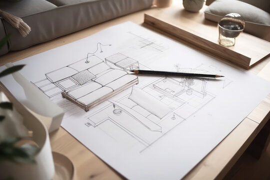 Blueprint project draft, sketch of modern wooden living room with sofa, hand painting interior details, japandi design concept idea, parquet floor, custom furniture, generative AI