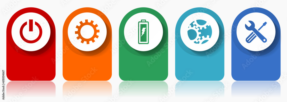 Poster industry icon set, miscellaneous vector icons such as power, cogwheel, battery and tools, modern des