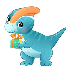 Cute dinosaur with gift box watercolor illustration