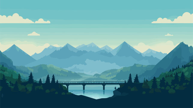 landscape with mountain bridge lake tree sunset 