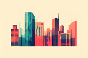 Modern buildings glass skyscrapers risograph style minimalistic tertiary colors. Generative AI