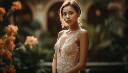 Naklejka premium Beautiful young woman exudes elegance and sensuality in nature glamour generated by AI