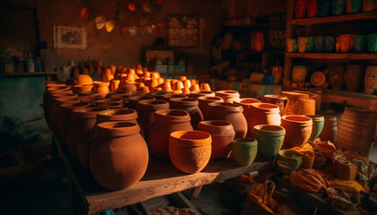 Indigenous pottery workshop creates earthenware vases and clay jars generated by AI