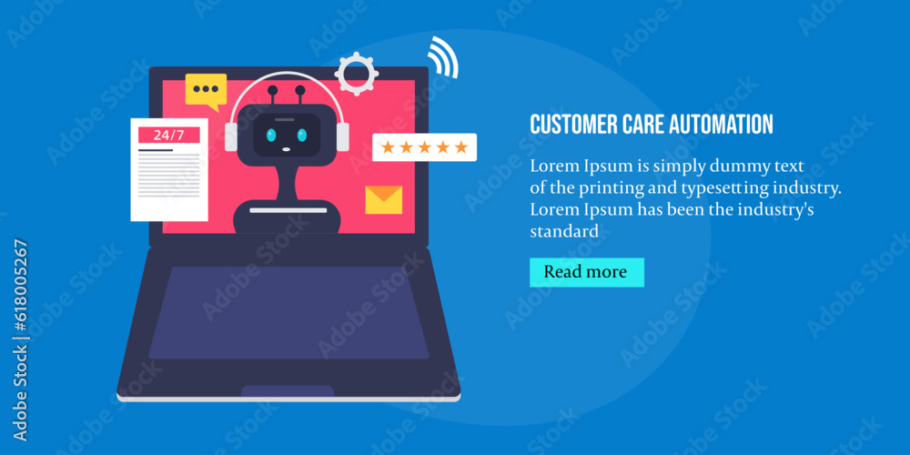 Poster customer care automation, chatbot for customer support service conceptual web banner with text and b