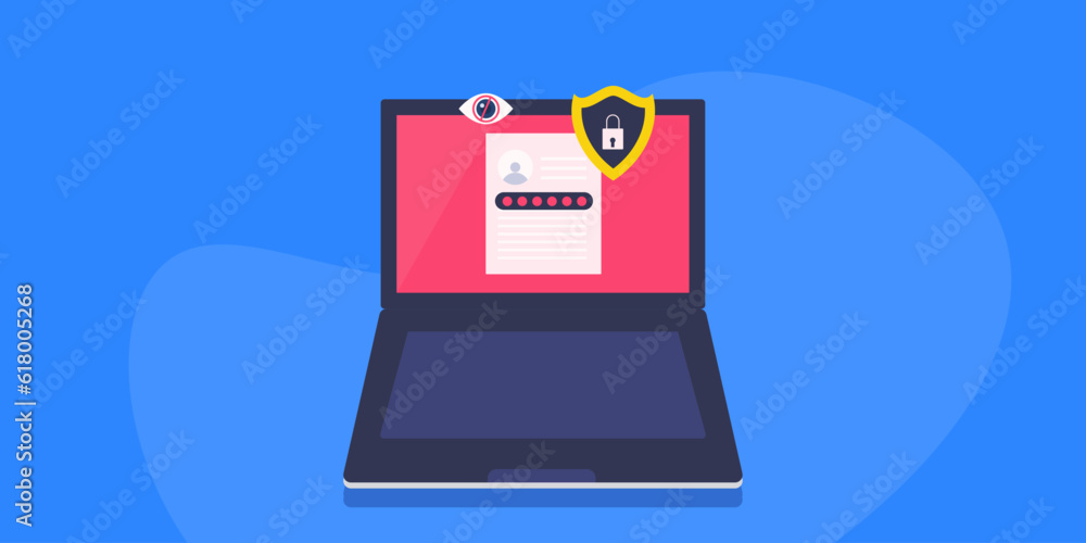 Poster data privacy, cyber security concept. protecting personal data information online, document on lapto