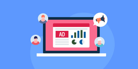 Obraz premium illustration of advertising data webpage on a laptop screen, reaching online audience through ad campaign. Vector banner.