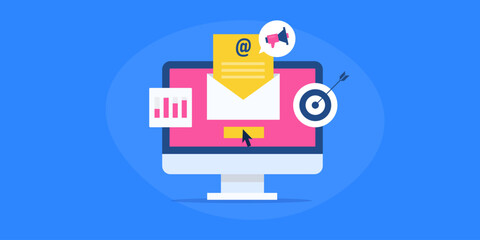 Opening email on computer screen, targeting online audience and tracking digital conversion, email marketing strategy concept, vector illustration.