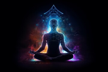 Man meditating in lotus pose with glowing triangle on dark background