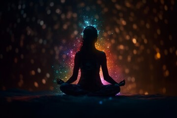 Silhouette of yoga woman meditating in lotus pose on the background of colorful lights. Meditation concept