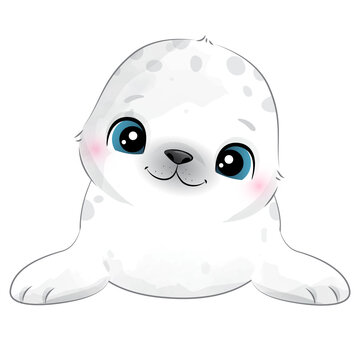 Cute seal poses watercolor illustration