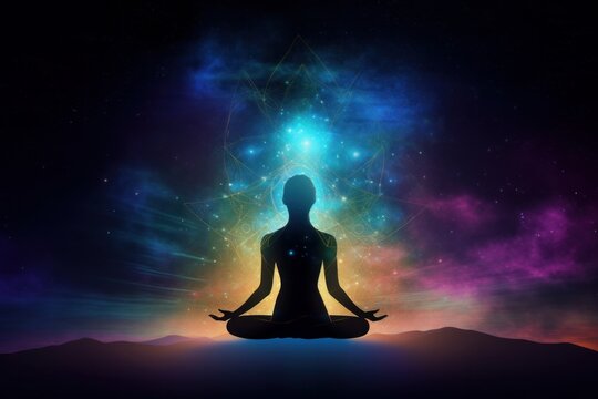 Woman meditating in the lotus position in front of a galaxy