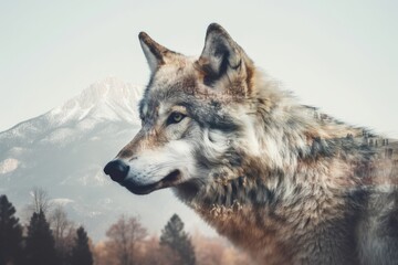 Obraz premium Portrait of a wolf in the mountains. Double exposure image.
