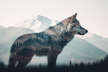 3d rendering of a wolf in front of a mountain landscape. Double exposure image.