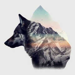 Illustration of wolf with mountains in the background. Digital painting. Double exposure image.