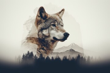 Wolf in the mountains. Collage of a wolf in nature. Double exposure image.