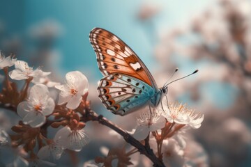 Fototapeta na wymiar butterfly on a branch of cherry blossoms in the spring