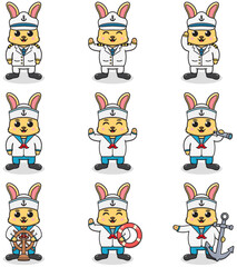 Naklejka premium Funny Rabbit sailors set. Cute Rabbit characters in captain cap cartoon vector illustration.