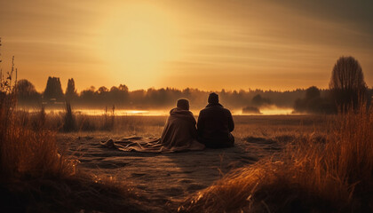 Sunset romance two adults embracing in tranquil nature landscape generated by AI