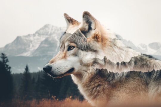 Portrait of a wolf on a background of mountains in the fog. Double exposure image.