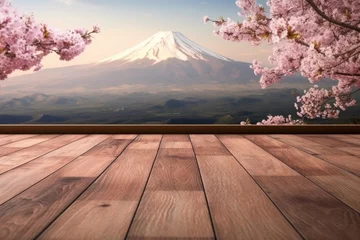Fototapete Lachsfarbe Wooden table and Mt Fuji with cherry blossom background, Japan