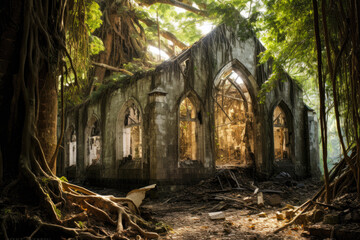A church that is abandoned with trees surrounding it