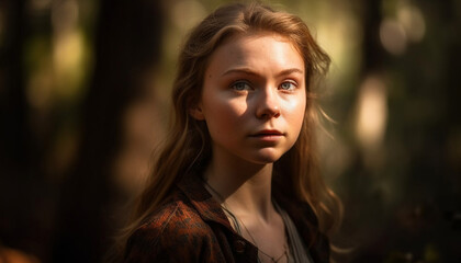 Fototapeta premium One young woman, outdoors in nature, looking confidently at camera generated by AI