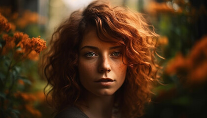 Beautiful young woman with curly brown hair enjoys autumn forest generated by AI