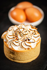 Lemon Meringue Pie made with shortcrust pastry, lemon curd, and torched Italian meringue.