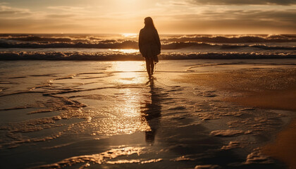 One woman walking on sand, backlit by sunset sunlight generated by AI