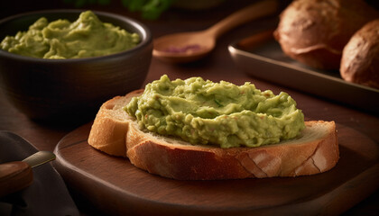 Obraz premium Fresh guacamole dip on rustic wooden table with organic vegetables generated by AI