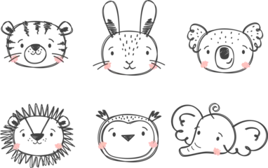 Fototapete Eulen-Cartoons A set of cute vector illustrations in a linear hand-drawn style. Animals hand-drawn with felt-tip pen. Tiger, elephant, owl, hare, koala, lion. Vector illustration