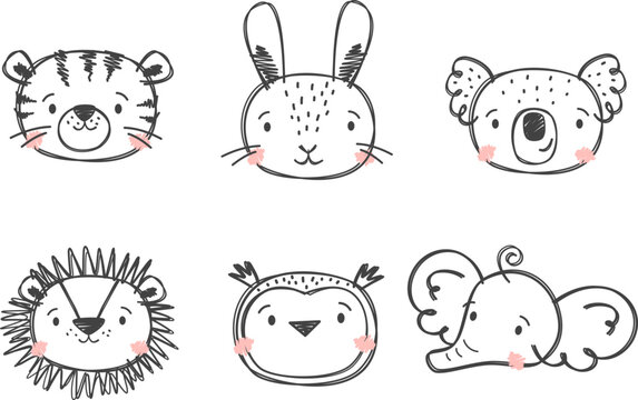 A set of cute vector illustrations in a linear hand-drawn style. Animals hand-drawn with felt-tip pen. Tiger, elephant, owl, hare, koala, lion. Vector illustration
