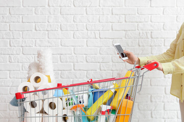 Woman with shopping cart full of cleaning supplies and phone near brick wall