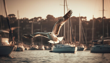 Seagull flying over tranquil nautical vessel in sunset on sea generated by AI