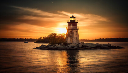 Fototapeta premium Tranquil sunset over famous coastline illuminates nautical beacon architecture generated by AI