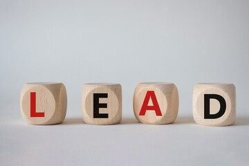 Lead symbol. Concept word Lead on wooden cubes. Beautiful white background. Business and Lead concept. Copy space.