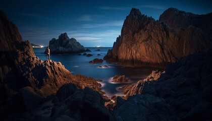 Idyllic mountain range illuminated by sunset majestic reflection on water generated by AI