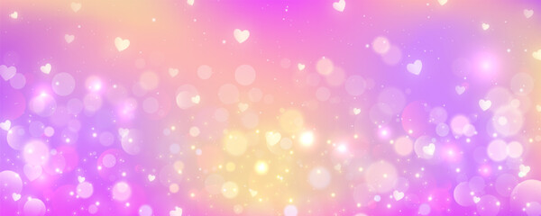 Pink background with bokeh. Light pastel sky with glitter stars and hearts. Cute soft gradient blurred wallpaper. Lovly fantasy magic design. Vector.