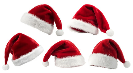 Set of red furry christmas xmas santa claus hat on transparent background cutout, PNG file. Mockup template for artwork graphic design	
