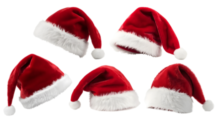 Set of red furry christmas xmas santa claus hat on transparent background cutout, PNG file. Mockup template for artwork graphic design	
