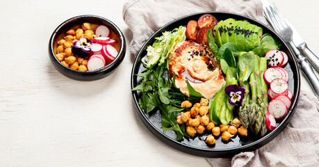Healthy vegetarian, vegan dish with vitamins, antioxidants, protein, fiber  on light background.