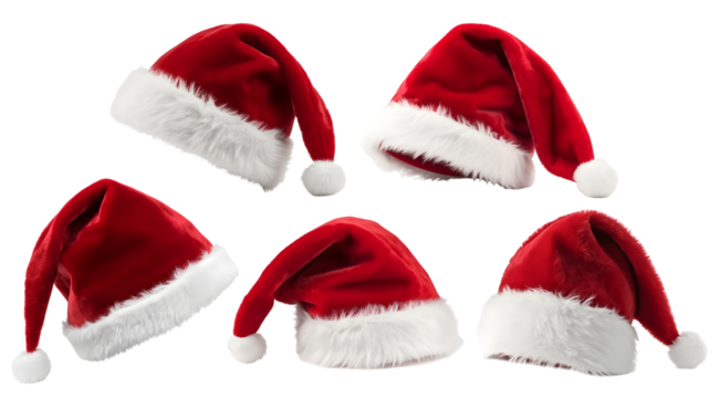 Set of red furry christmas xmas santa claus hat on transparent background cutout, PNG file. Mockup template for artwork graphic design	
