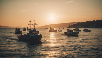 Fototapeta premium Sunset over nautical vessel on tranquil water with fishing boat generated by AI