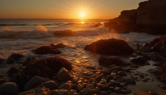 Tranquil seascape sunset over rocky coastline, reflecting beauty in nature generated by AI